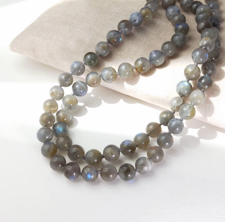 Collana Mala con Labradorite e Rudraksha