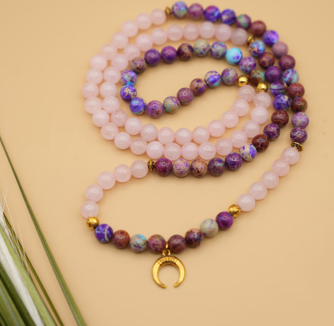 Collana Mala in quarzo rosa e diaspro imperiale