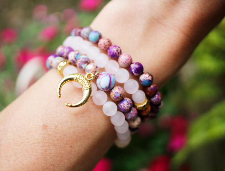 Collana Mala in quarzo rosa e diaspro imperiale