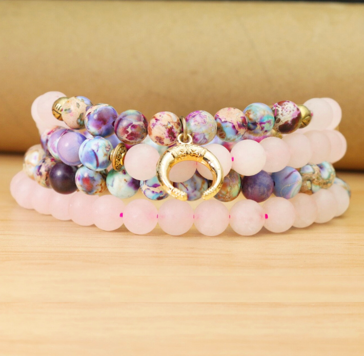 Collana Mala in quarzo rosa e diaspro imperiale