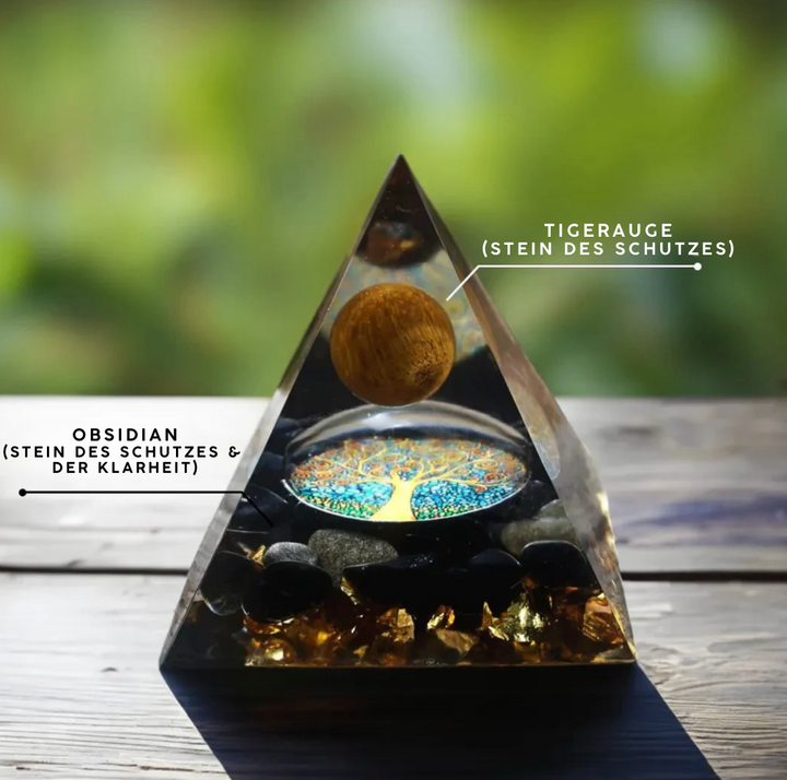 Piramide di orgonite con albero della vita e occhio di tigre
