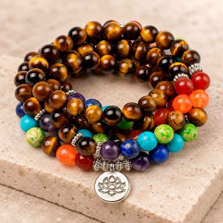 7 Chakra Tigerauge - Mala Kette