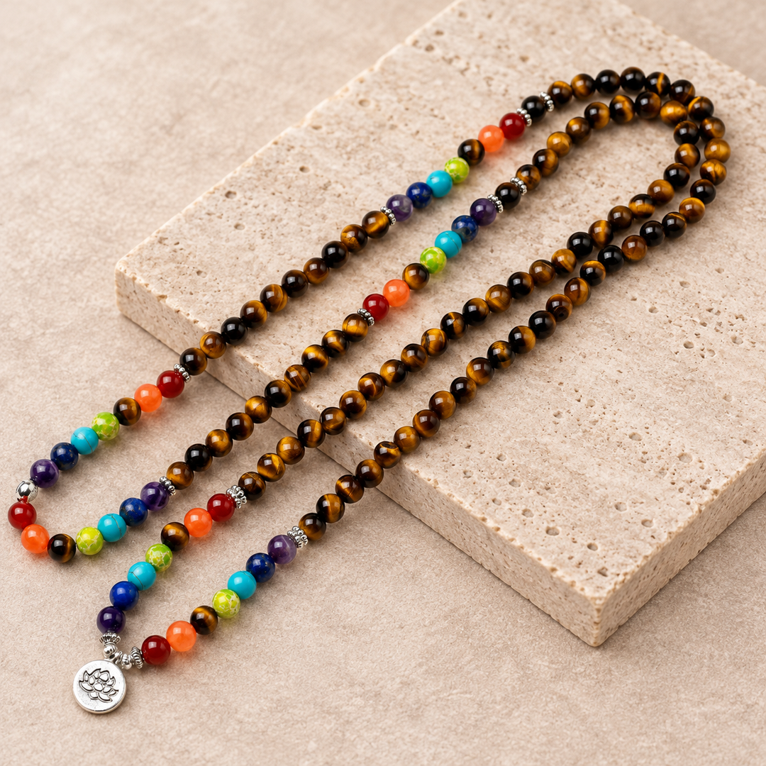7 Chakra Tigerauge - Mala Kette