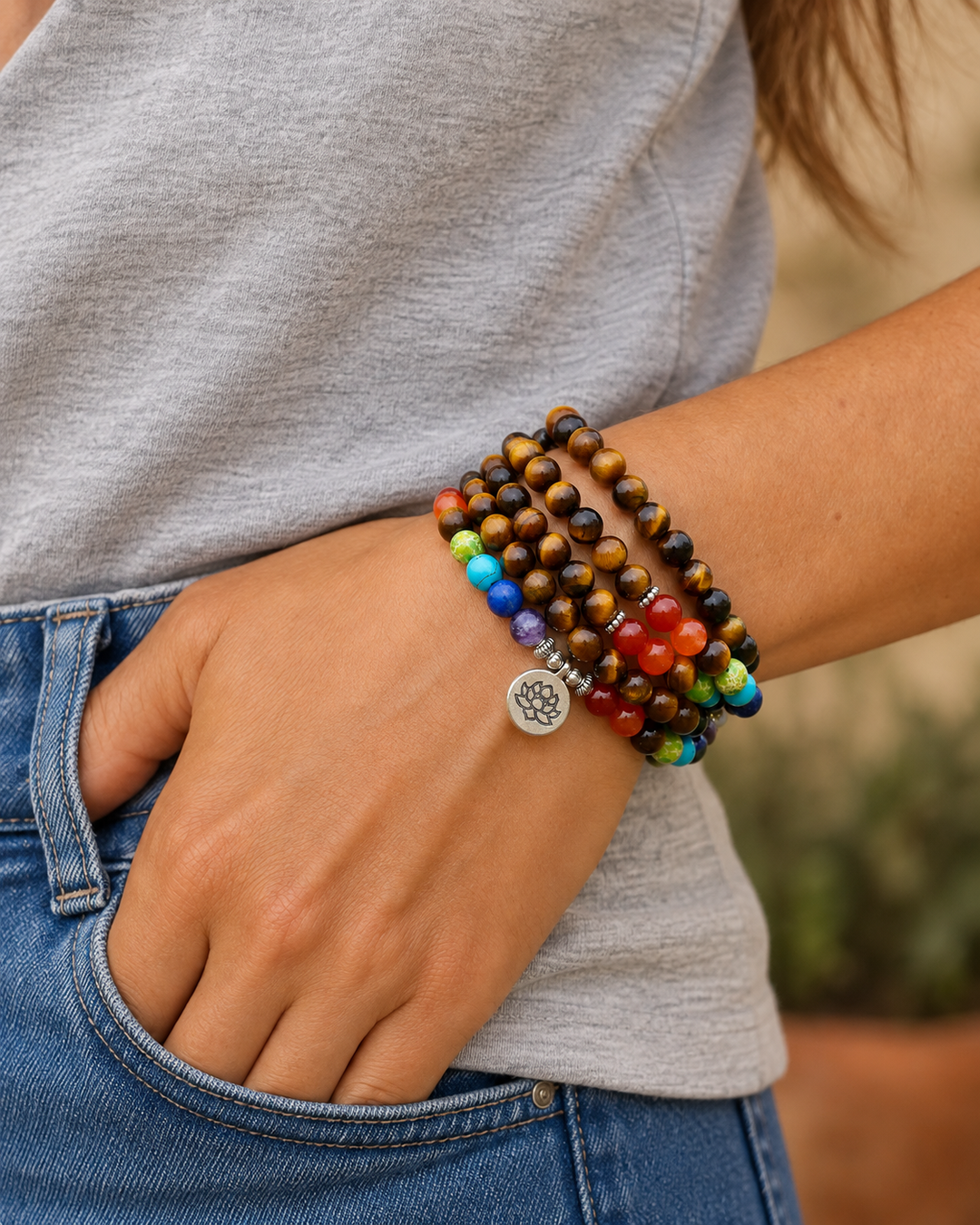 7 Chakra Tigerauge - Mala Kette