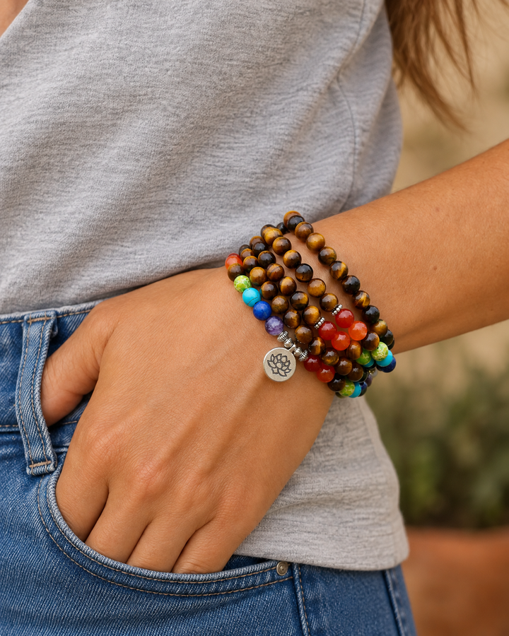 7 Chakra Tigerauge - Mala Kette