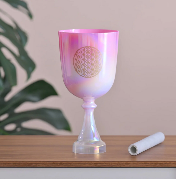 Perlmutt Kristallklangschale mit Stiel aus Quarz „Blume des Lebens“