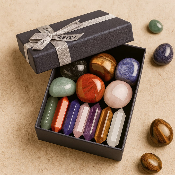Reiki-Set – 7 Natursteine & 7 Doppelspitzen